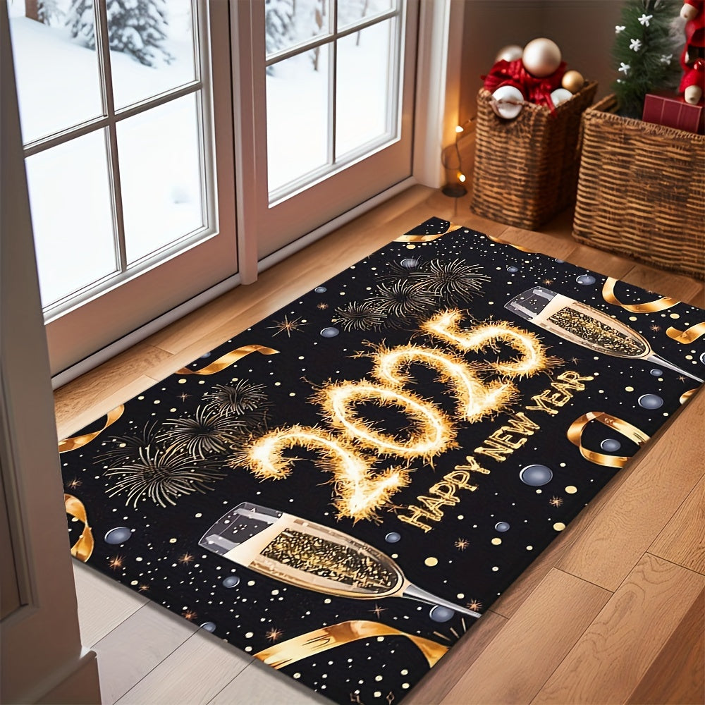 1 piece of rectangular polyester fiber doormat for the year 2025, featuring a festive Champagne cup print. This non-slip mat is machine washable and perfect for entryways, kitchens, living rooms, bedrooms, and bathrooms. It is lightweight, easy to clean