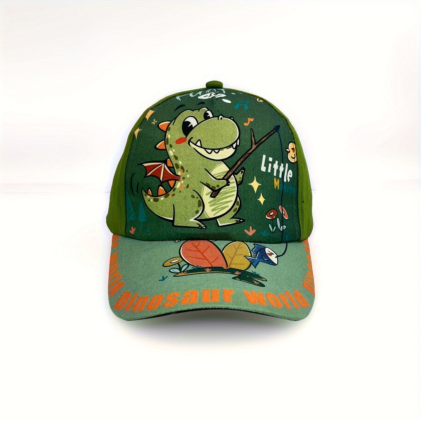 Adjustable cartoon dinosaur print baseball cap for boys and girls.