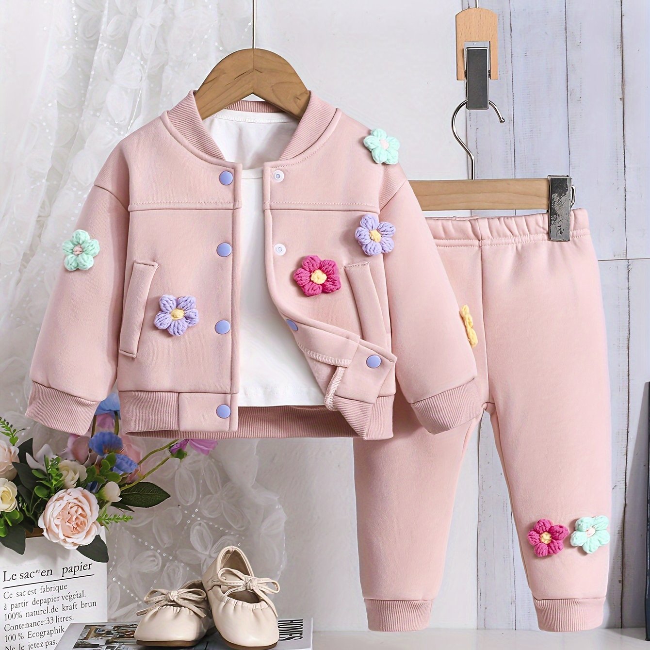 Baby girl's 2-piece colorful flower varsity + casual pants set for outdoor wear in fall and spring.