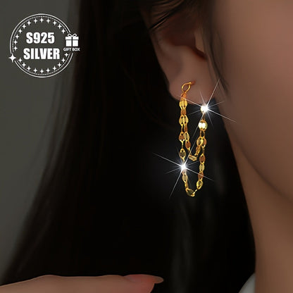 These stylish women's earrings are made of 925 silver and weigh approximately 0.7g in total. Featuring a unique double-layer lip chain tassel design, they can be worn on both the front and back. Hypoallergenic and fashionable, these earrings make a