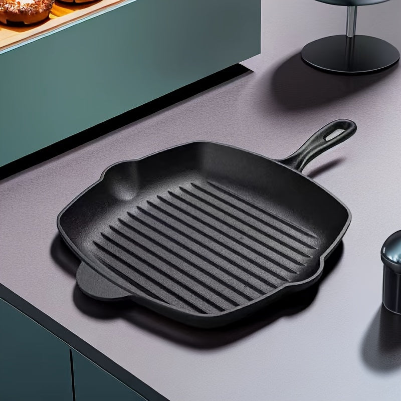 This new large steak frying pan is made of thickened cast iron, making it perfect for use in a new home. It can also be used for frying fish and features a special design that makes it compatible with both gas and electric stoves. The pan has a flat