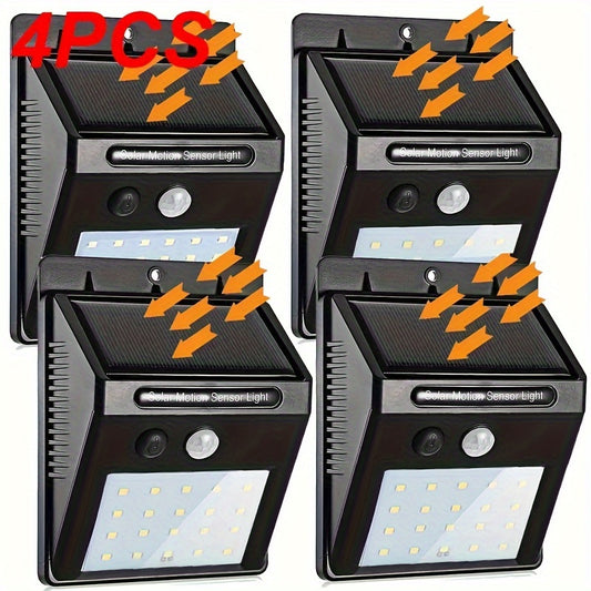 Solar powered motion sensor lights with rechargeable battery for outdoor security, suitable for garden, fence, patio, and garage. Available in sets of 4 or 8.