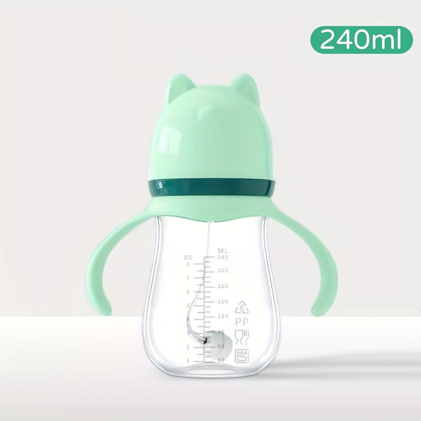 Gift your newborn with this adorable 240ml bottle featuring cute cat ears. Made from heat-resistant PP material and designed with a wide mouth for easy feeding, this shatterproof water cup is the perfect birthday or baby shower gift for any new parent.