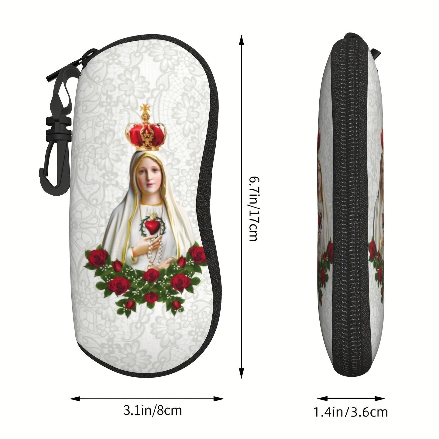 Virgin Mary Our Lady of Fatima Print Eyeglass Case with Keychain, Waterproof Sunglass & Reading Glasses Pouch, Neoprene Soft Accessory, Lightweight and Unisex - 1 Pack