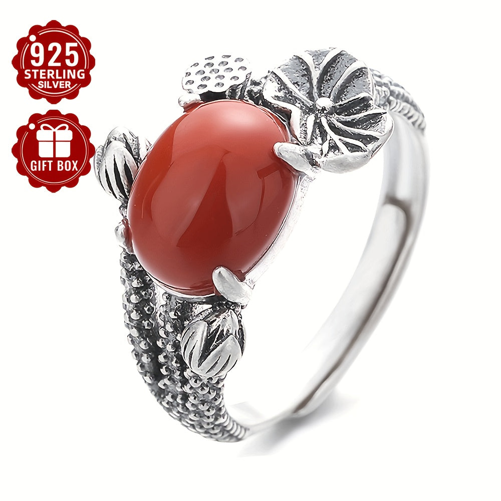 Classic 925 Sterling Silver Ring with Red Agate Stone - Featuring Lotus Leaf Design, Ideal for Both Formal Events and Everyday Wear, Matte Finish, Single Piece, Lightweight 4.6g