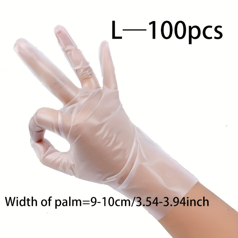 100 pieces of TPE disposable gloves, ideal for food safety, household cleaning, and various tasks like kitchen baking, beauty, hair care, and pet care. These transparent gloves are powder and latex-free, making them suitable for use in restaurants