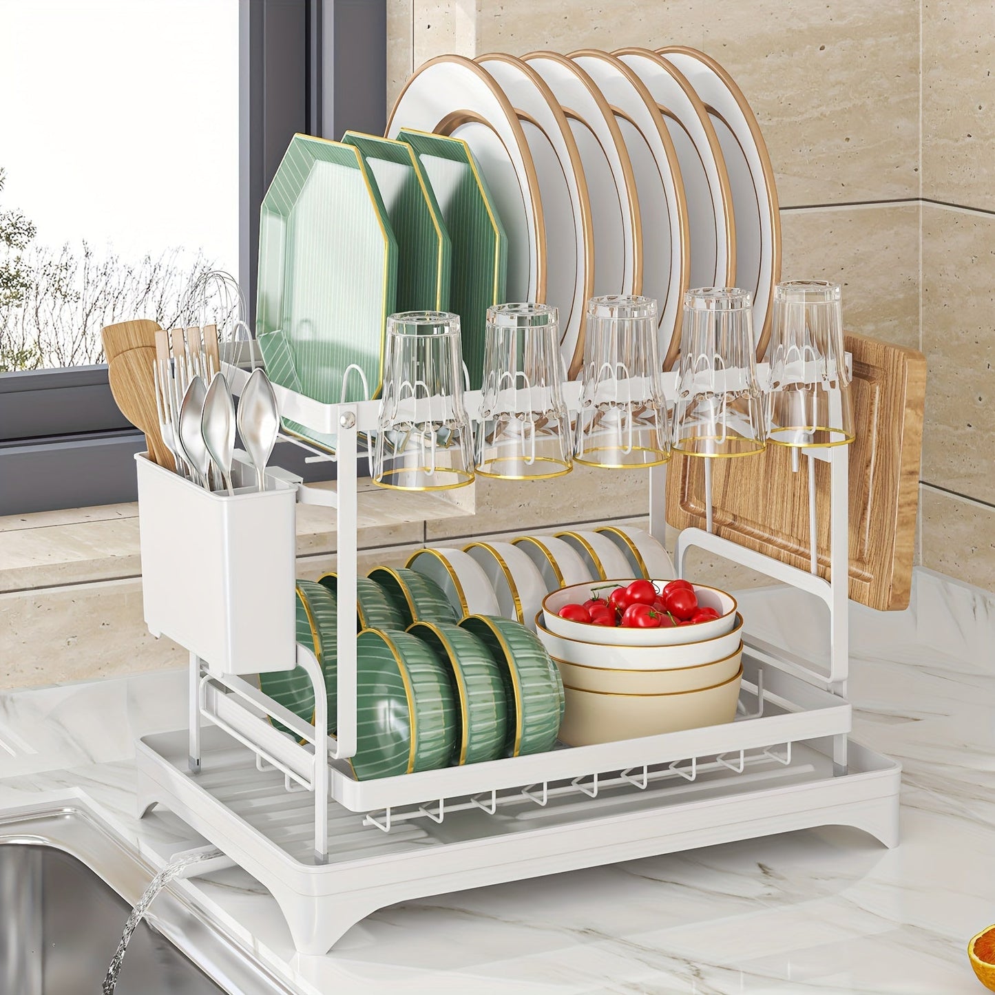 Kitchen Counter Rustproof 2-Tier Dish Drying Rack with Double Layer, Drainboard, and Utensil Holder - Ideal for Kitchen Accessories