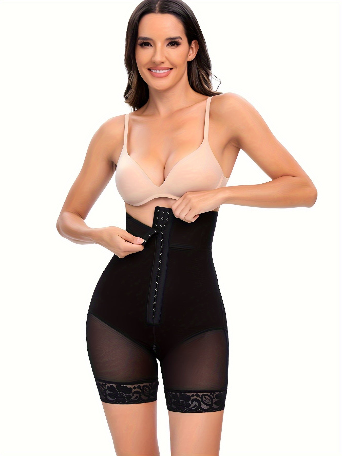 Buckle high waist shapewear with lace edges and leg shorts for belly and hip lift.