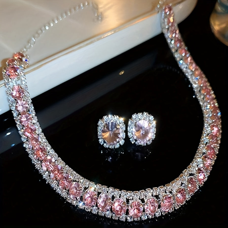 Luxurious and Elegant Rhinestone Necklace and Earrings Set, Stylish Jewelry for Women, Sparkling Accessories with Silver Detailing