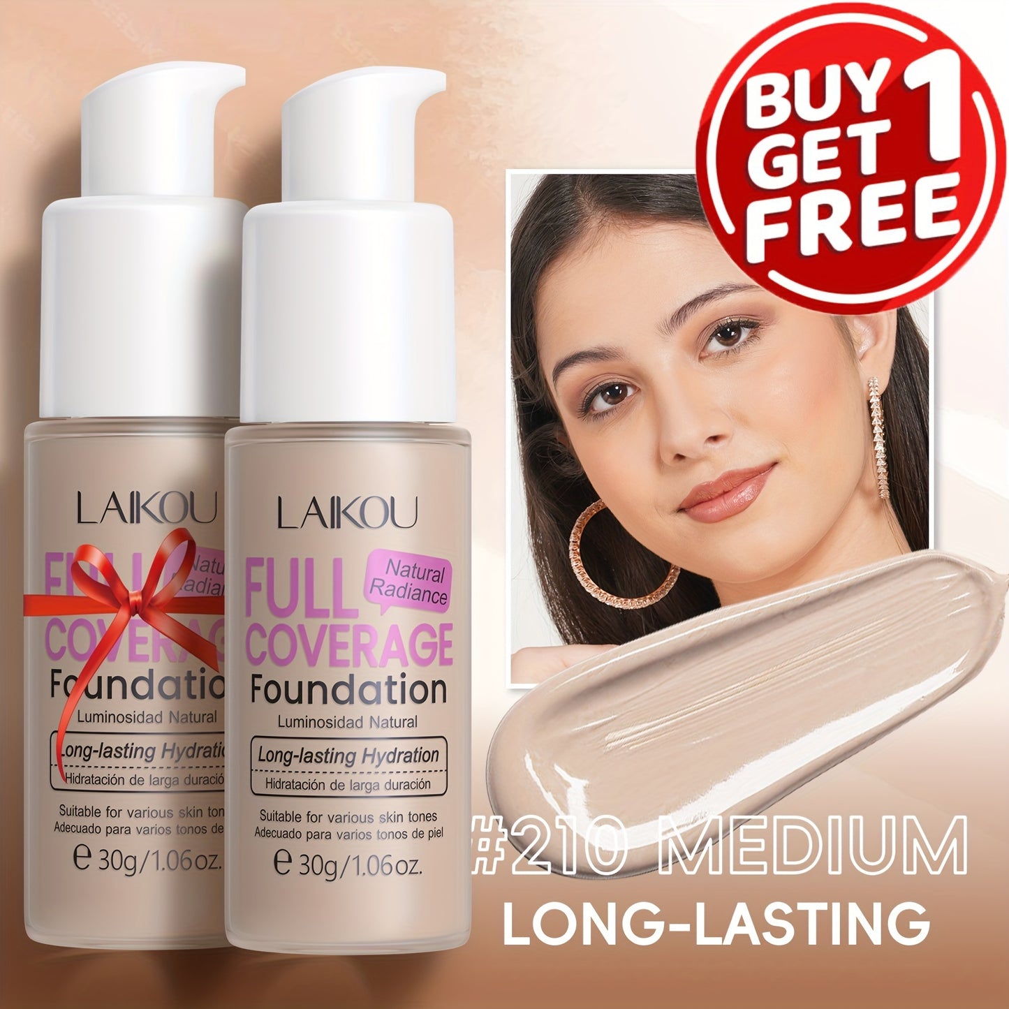 LAIKOU Full Coverage Foundation: Moisturizing, buildable concealment in 6 shades. Infused with hyaluronic acid & pear powder. Suitable for all skin types. Waterproof and pore-minimizing.