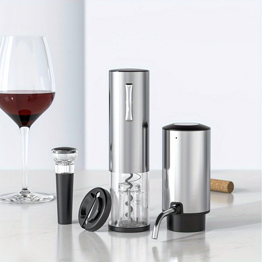 Electric wine opener set includes foil slicer and dispenser, USB rechargeable for kitchen and restaurant use.