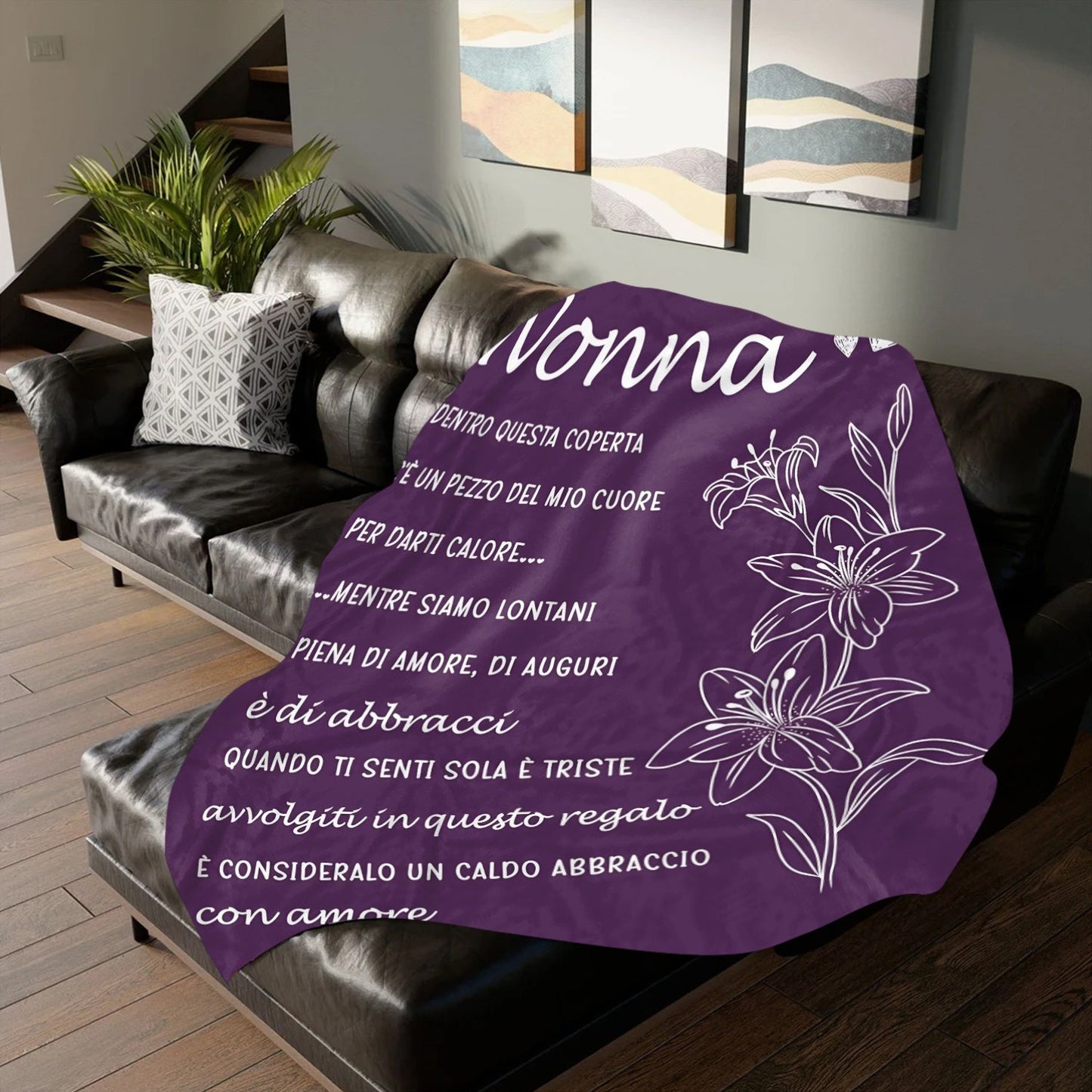 Personalized sentiment print purple fleece throw blanket with cozy Italian language design. This soft flannel nap blanket is the perfect all-season gift for a grandmother on her birthday, anniversary, or holiday. Made of knitted polyester in a cabin