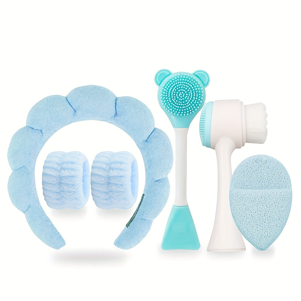 6-piece hypoallergenic silicone facial care set includes deep cleansing spa mask brush kit, soft plush headband, gentle exfoliating scrubbers, and portable skincare tools. Ideal gift for