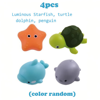 Colorful glow-in-the-dark bath toy set of luminous ocean animals made of PVC, with batteries included. Fun and educational bathtub game for youngsters.