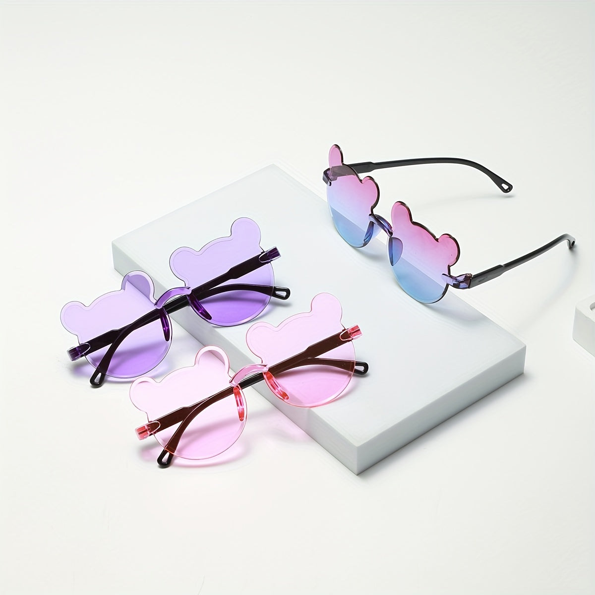 3pcs Cute Bear Cartoon Rimless Fashion Glasses Set - Gradient Lens, Ideal for Hiking & Outdoor Adventures