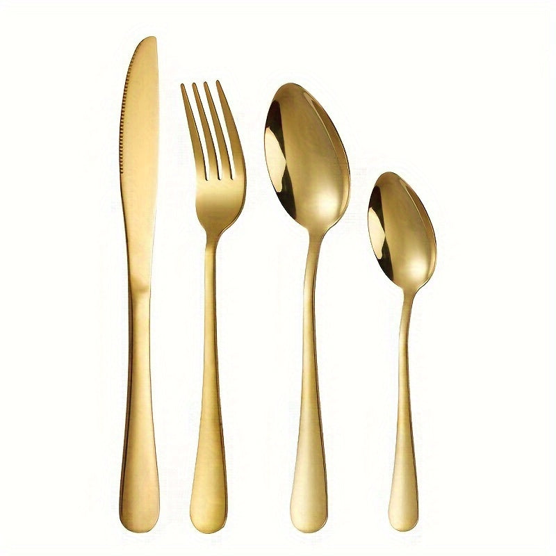 24-piece Golden Stainless Steel Cutlery Set with Metal Stand - Includes Steak Knives, Forks, Spoons - Ideal for Home, Restaurant, Party, Wedding.