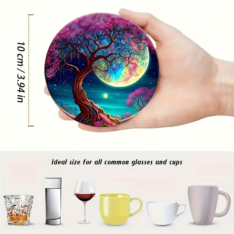 Set of 8 Charming Life Tree Coasters: Heat resistant, non-slip pads for home and office decor, great for parties and Christmas.