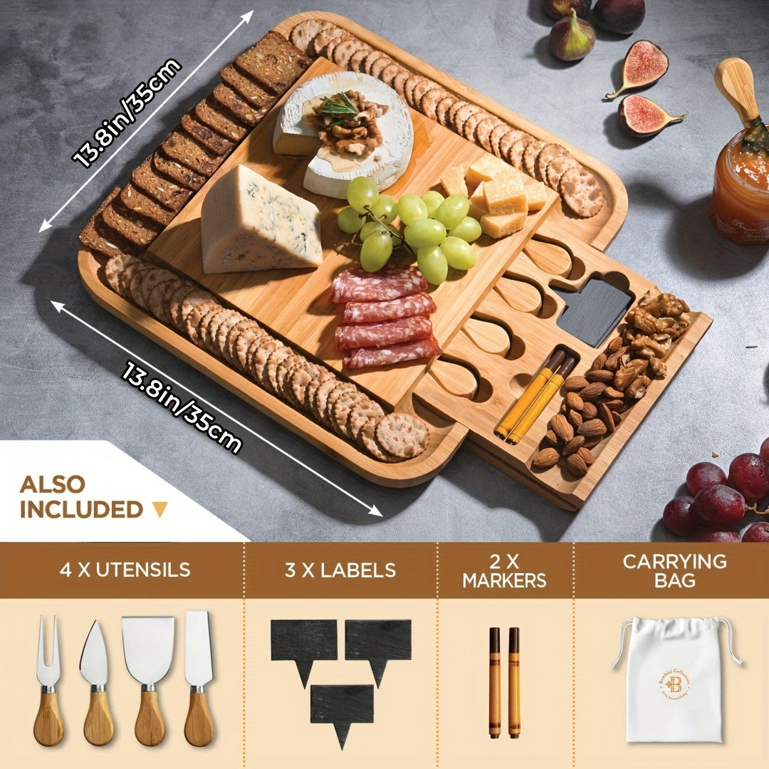 Bamboo Cheese Board Set with Tools - Sturdy, Water-Resistant, Simple to Clean Serving Tray for Charcuterie, Pizza, Snacks - Perfect for Christmas, Halloween, Easter, Thanksgiving, Valentine's Day