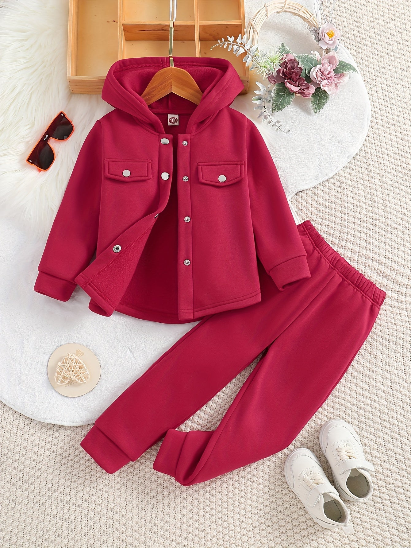 Set of girls' hooded jacket and jogger pants for autumn outdoor activities.