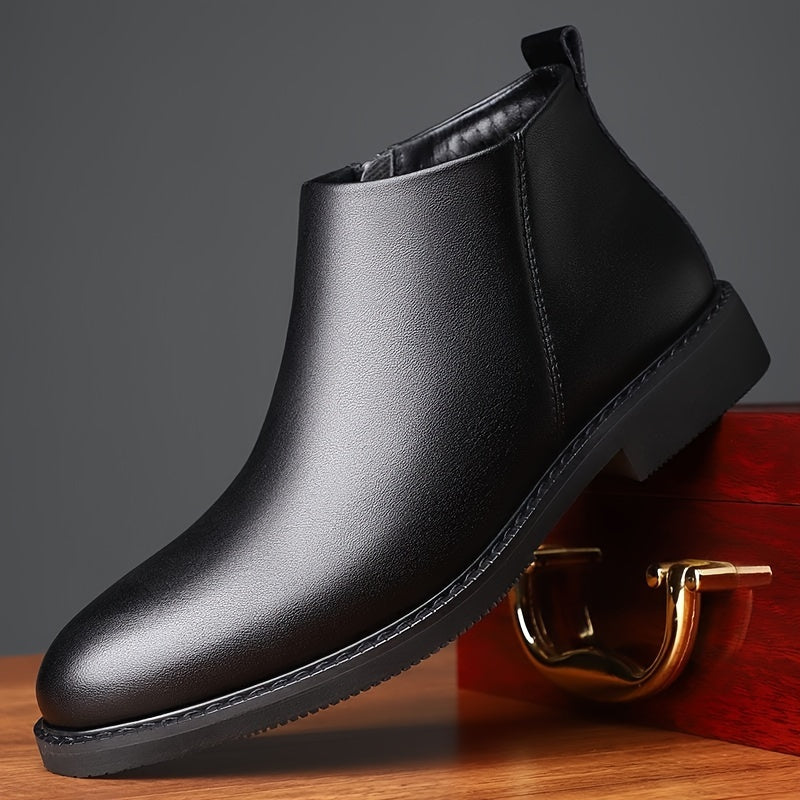 Men's classic mid-top ankle boots with solid color faux, round toe, rubber sole, and slip-on or zippered closure. Suitable for daily wear, parties, and business.