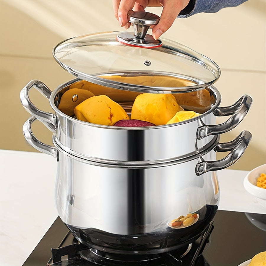 Stainless Steel Double-Layer Steamer Set with 3 Pieces - Perfect for Home, Parties, and Restaurants - Large Capacity, Dual Handles, Deep Soup Pot, and Dishwasher Safe