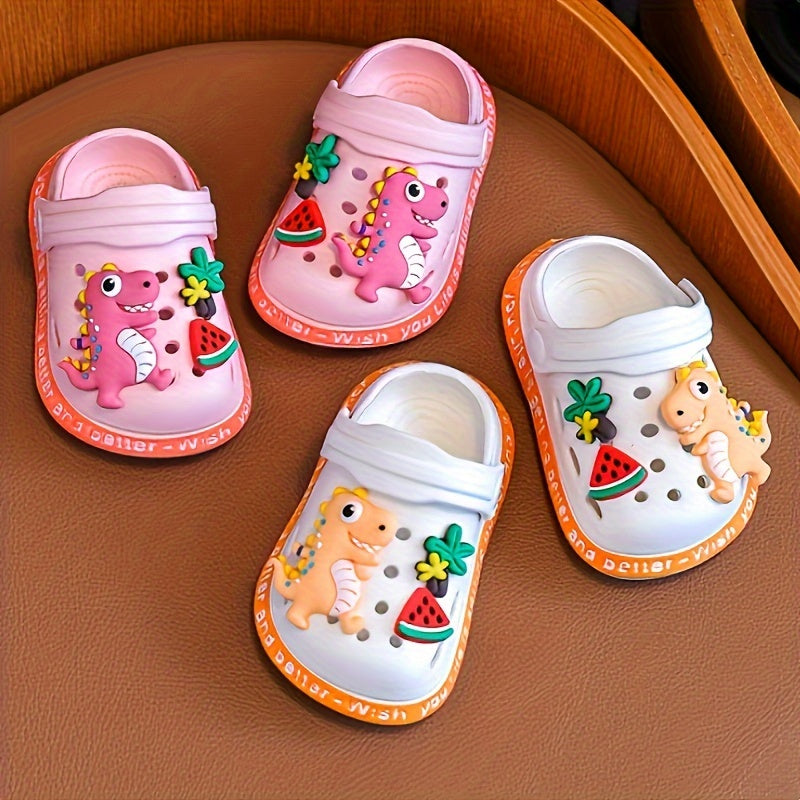 Cute cartoon dinosaur clogs for kids, perfect for indoor and outdoor use.