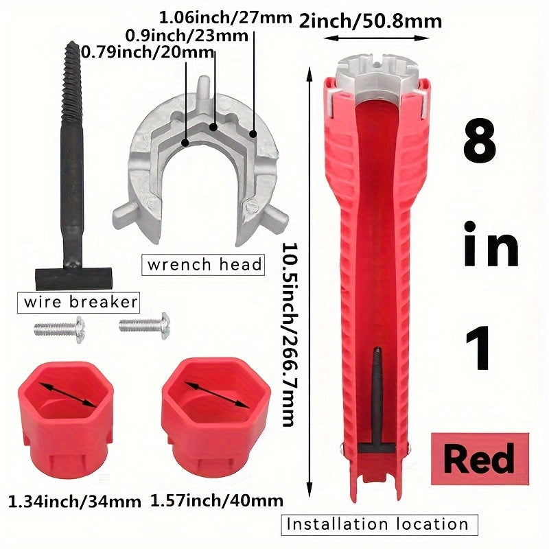 Multipurpose faucet wrench tool for installing sinks and water pipes in bathrooms and kitchens.