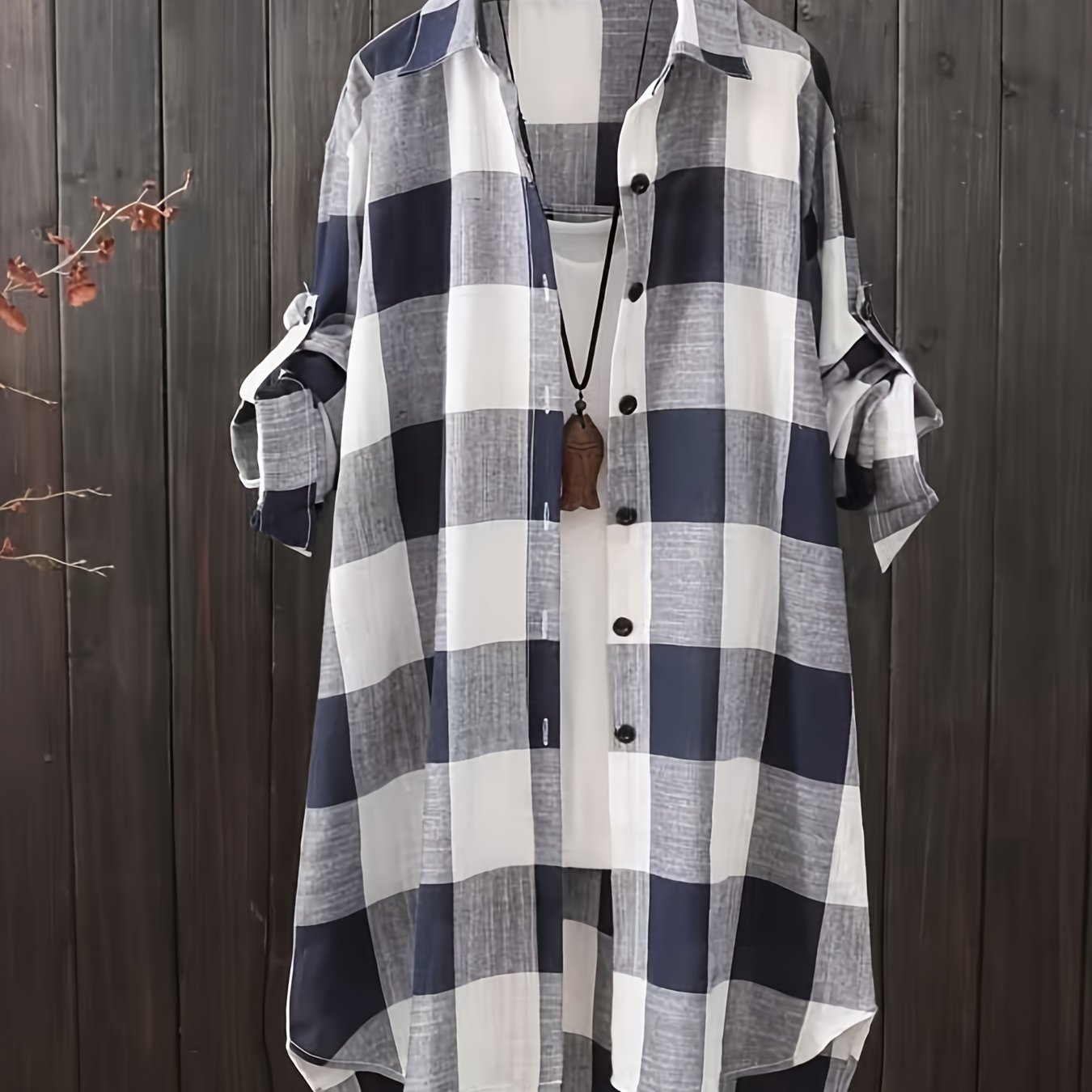 Women's chic plaid shirt blouse - elegant long-sleeve, button-up, lightweight linen blend, versatile for all seasons