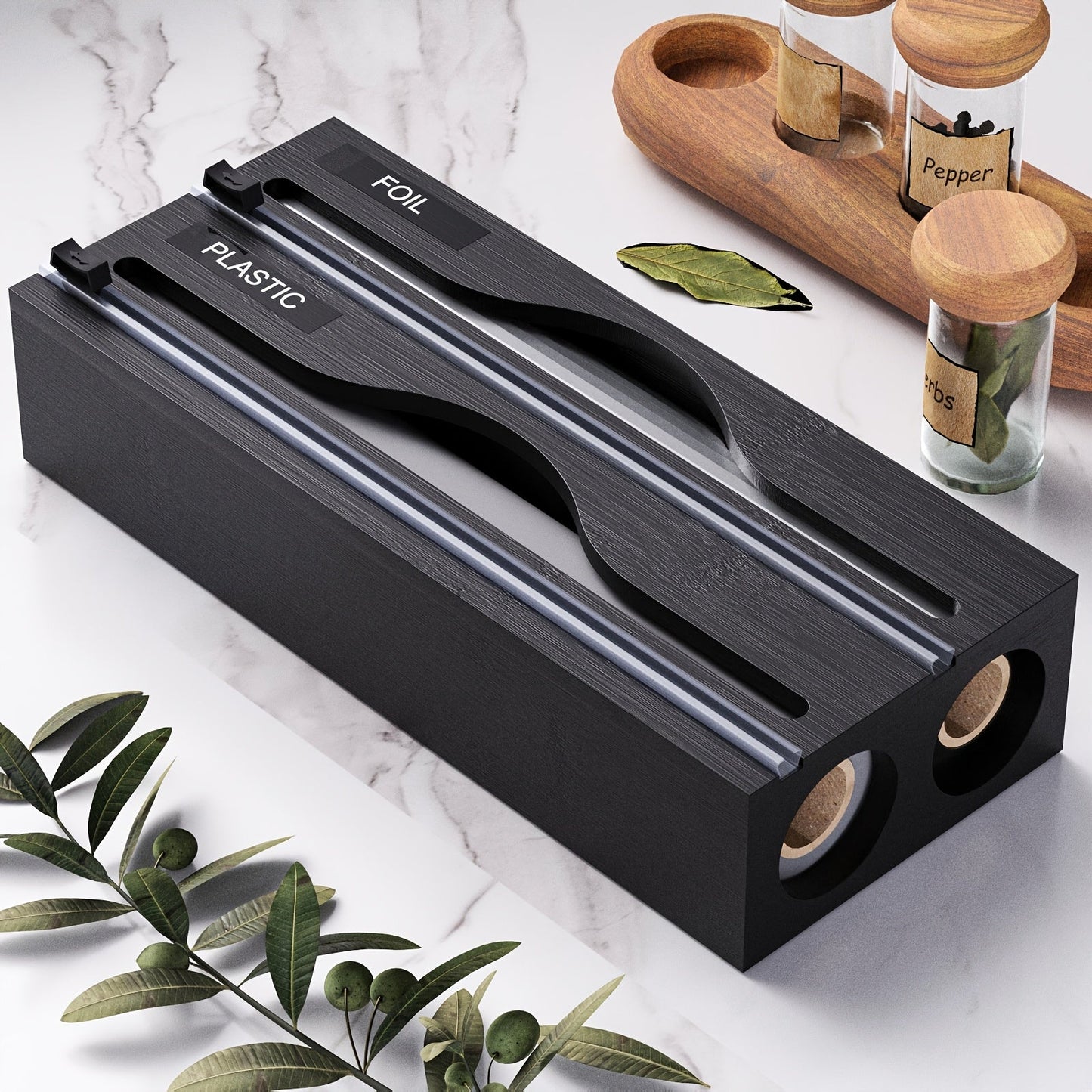 Bamboo 2-in-1 Kitchen Wrap Dispenser with Slide Cutter and Dual Slots Storage Organizer for Plastic Film, Suitable for Kitchen Drawer, Cabinet, Shelf, and Counter. Ideal for Organizing Kitchen Accessories and Storage.