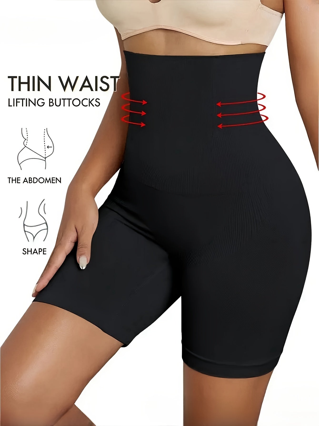 High-waist tummy control shapewear shorts for women made of 85% Polyamide, 15% Elastane knit fabric in solid color. Features butt lifting and is available in plus size.