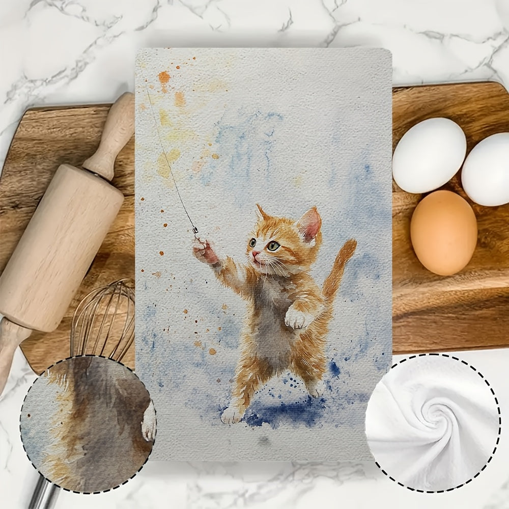 Two Ultra Soft Kitchen Towels featuring Playful Kitten & Laser Pointer Design, made from Highly Absorbent Polyester. Machine Washable, measuring 40.64x60.96 cm - Perfect for Holiday Decor and as Dish Hand Towels.