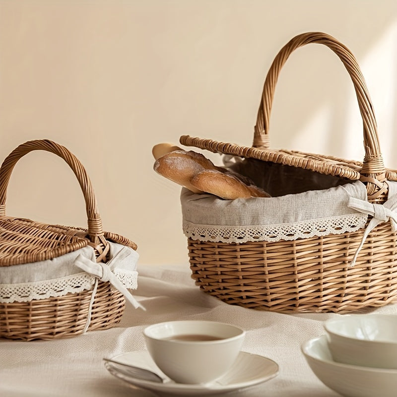 Wicker picnic basket with lid, insulated net, outdoor storage for garden & lawn, wooden frame, ideal for picnics & gardening.