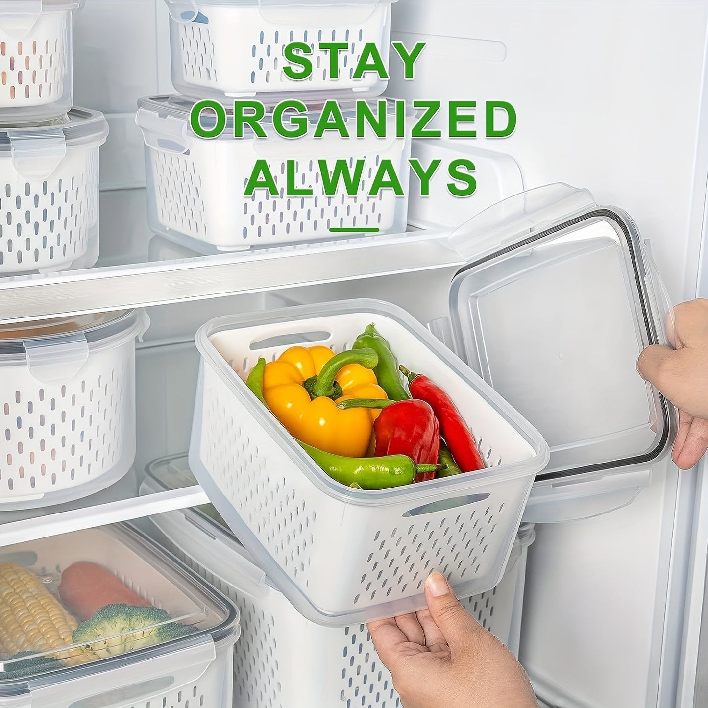 Premium Leak-Proof Food Storage Containers 4-Pack. BPA-Free with 2-Layer Airtight Design. Reusable and Stackable Kitchen Organizers, Ideal for Storing Fruits, Vegetables, Meat, and Grains in the Refrigerator. Made of Durable Plastic.