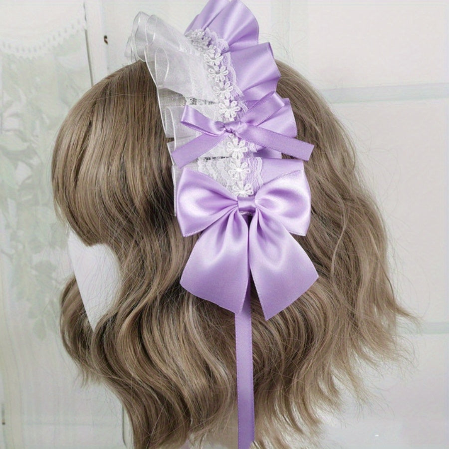 Ruffled Lace Ribbon Bow Headband with Hairpins in Contrasting Colors - Anime Maid Inspired Hair Accessory