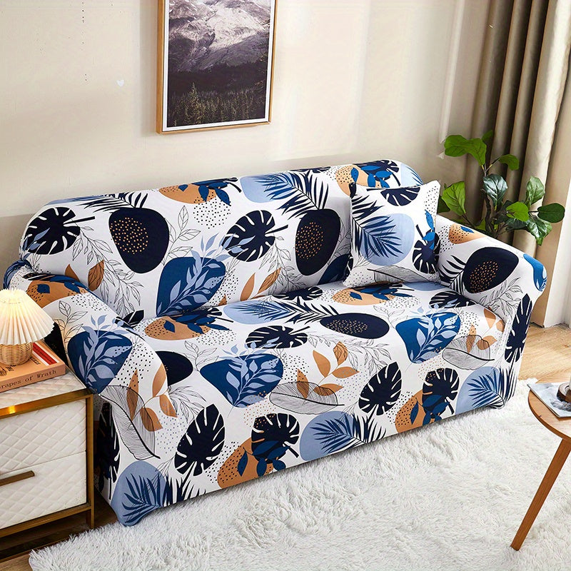 Modern printed sofa slipcover with elastic closure, made of 95% polyester and 5% spandex. Machine washable with active printing and stitched craftsmanship. Fits armchairs to sectional sofas, weighing 100-120gsm fabric.