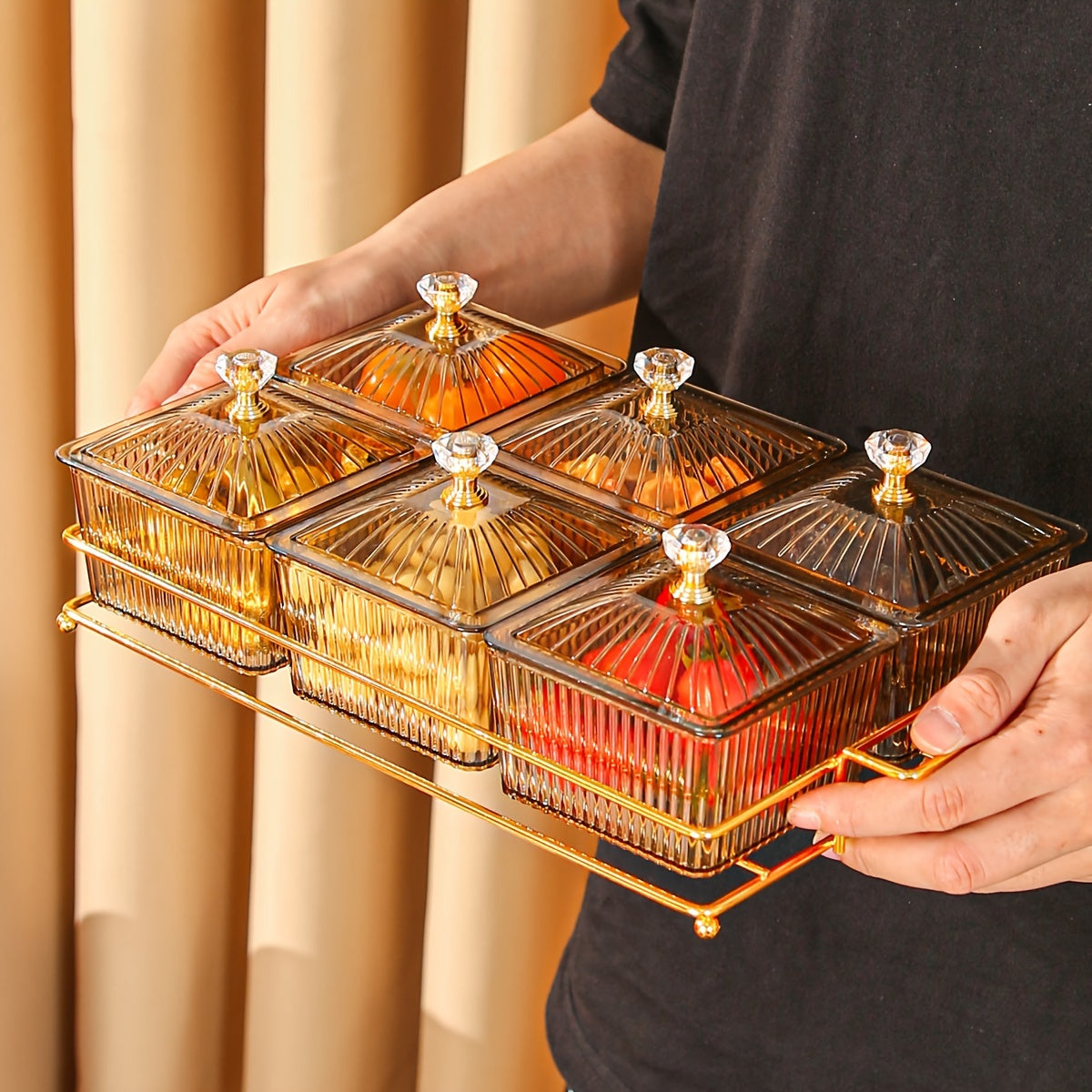 New holiday-themed dried fruit plate trays with multiple compartments for snacks and desserts.