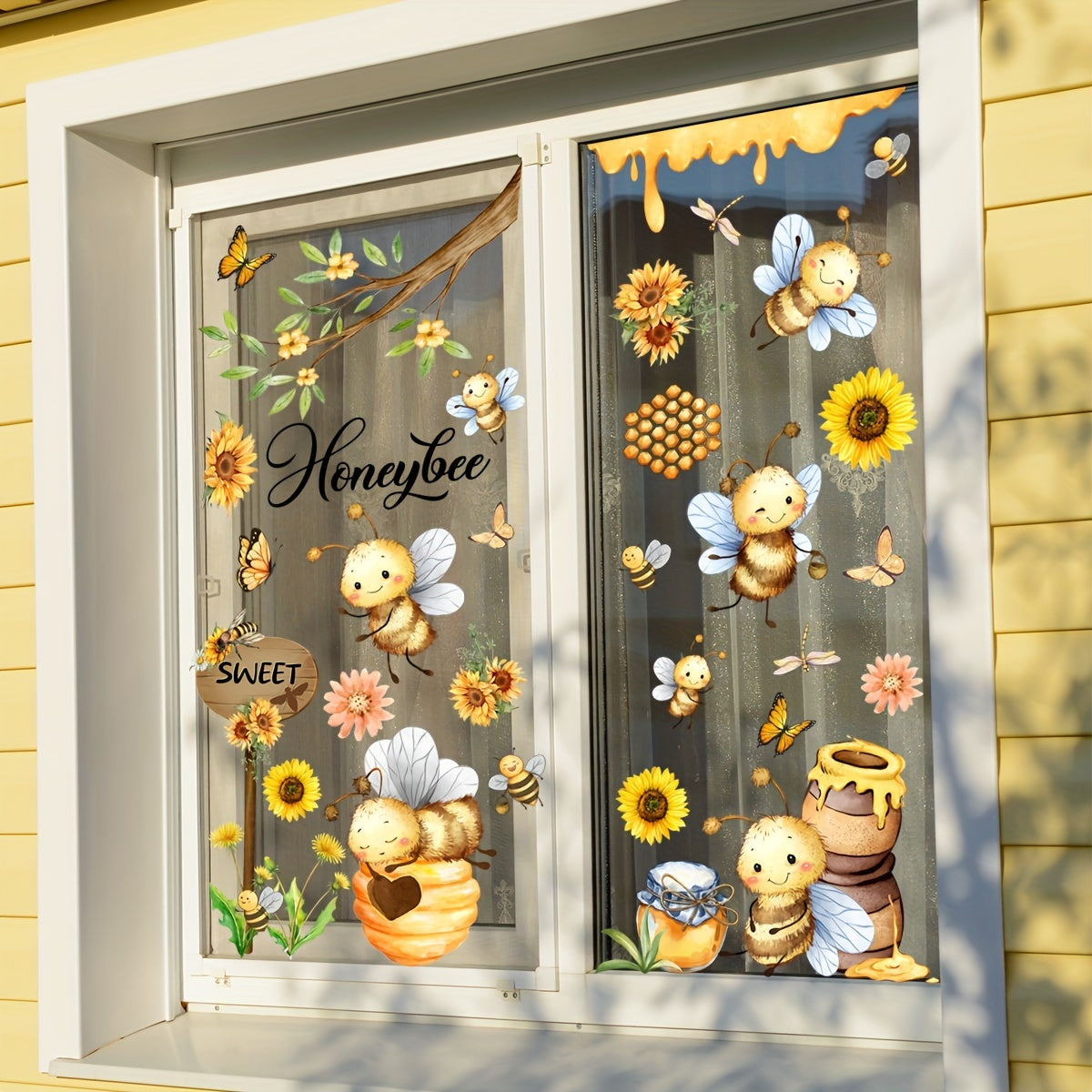 A collection of 3 pieces of 20x30cm Spring-themed decorations featuring bees, honey jars, butterflies, sunflowers, and electrostatic window stickers.