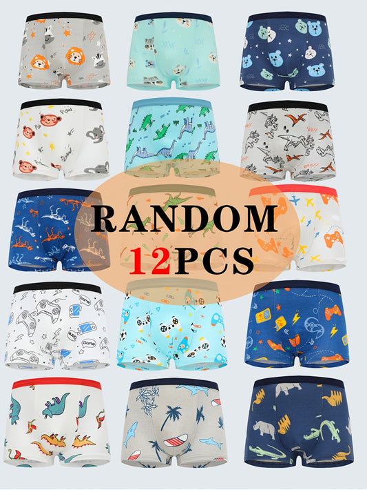 Pack of 12 boys' pure cotton boxer underwear with cute cartoon car pattern and dinosaur print. Comfortable, breathable, and soft.