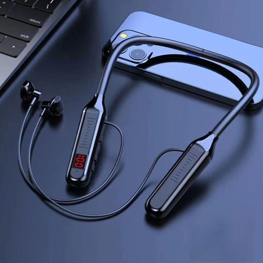 Wireless stereo earbuds with hanging neckband feature rechargeable battery and Type-C charging port.