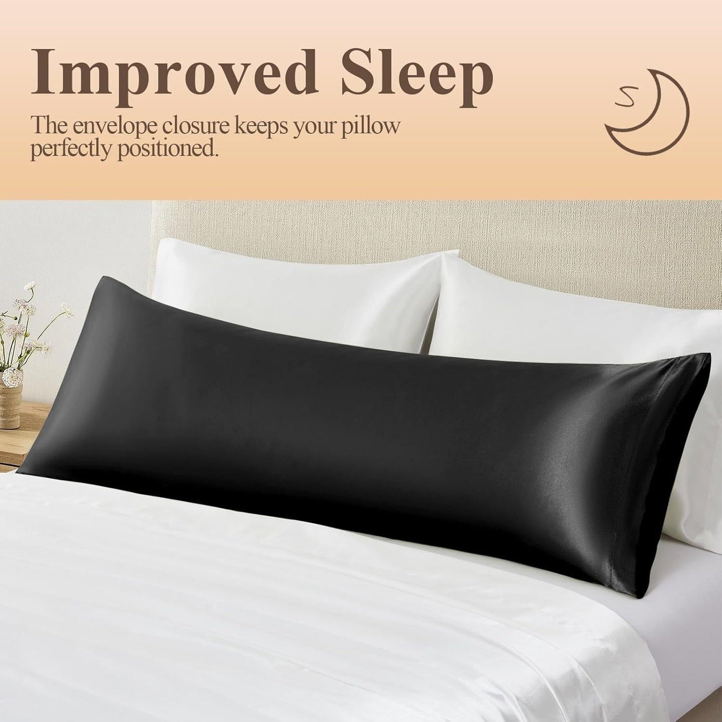 Black 2-Pack of Standard Size 20x26 Satin Pillowcases made of 100% Polyester. These smooth and cooling pillowcases feature an envelope closure and are machine washable. They provide frizz-free hair care, nourish the skin, and are made of a no print woven