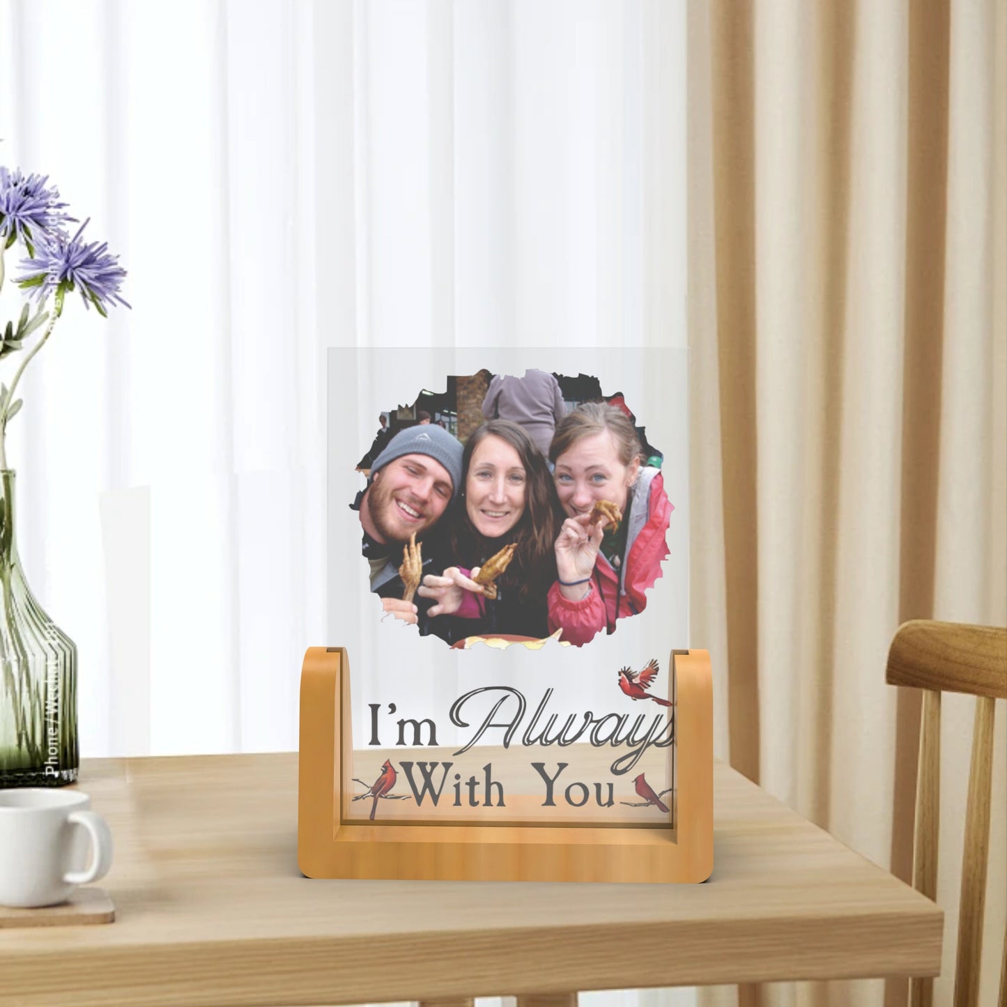 Personalized wooden stand photo plaque made of durable acrylic - Customizable remembrance gift for condolences, sympathy, or in memory of a loved one. Engraved with the comforting message "I'm always with you." Fade-resistant and long-lasting