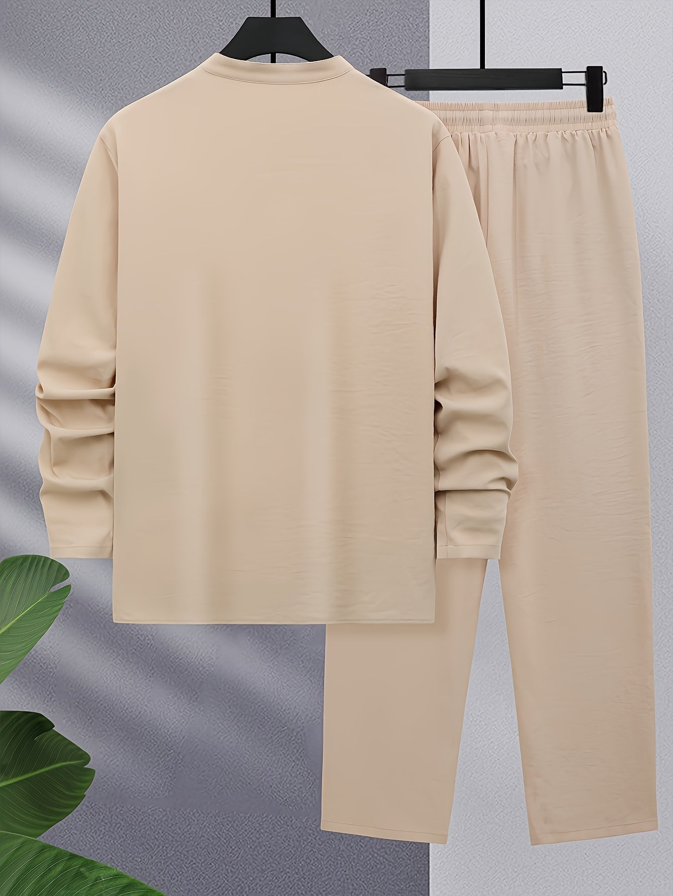 Men's Casual Polyester Sweatsuits with Collared Neck, Solid Color, Slight Stretch Fabric, Pocket Detail - Spring/Fall Woven Lash Sets with Regular Fit Long Sleeve Shirt and Drawstring Pants