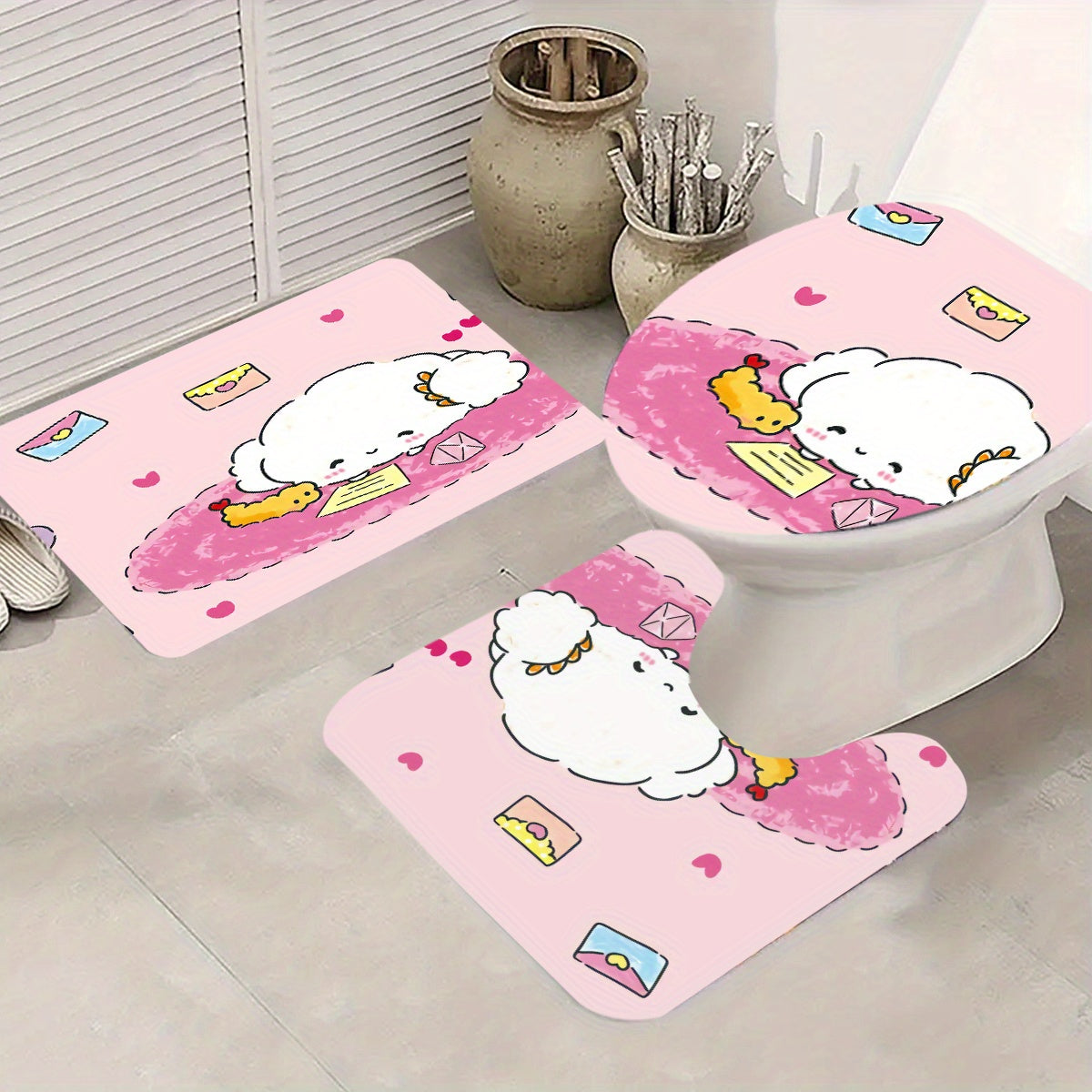 Set of 4 Cartoon Shower Curtains featuring HelloKitty, MyMelody, Kuromi, and Little Twin Stars. Includes Non-slip Carpet, Toilet Seat Cover, and Bath Mat. Perfect for Halloween and Christmas decor. Made from Waterproof Polyester Knitted Fabric. Comes