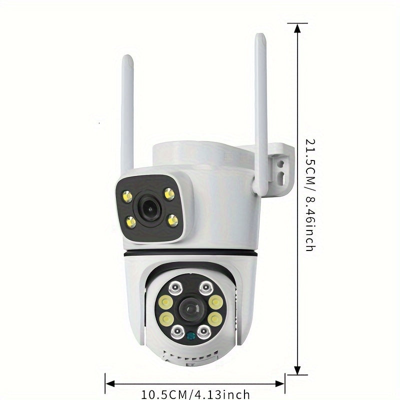 Enhance your home security with 4 dual lens outdoor surveillance cameras featuring 2.4G/Wifi wireless connectivity. Enjoy video surveillance, body tracking, night vision, two-way audio, motion alerts, 355° rotation, and remote viewing on your mobile