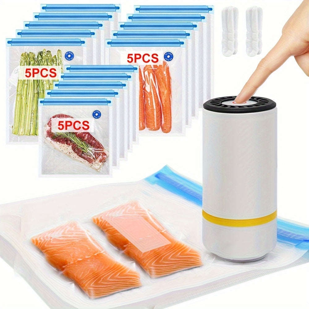 Included in this package are a mini electric vacuum sealer, 15 food vacuum storage bags, a handheld mini electric vacuum machine, and 3 different sizes of food sealing bags (5 pieces each: 21.59 x 20.32cm, 27.94 x 25.4cm, 33.02 x 27.94cm). Also included