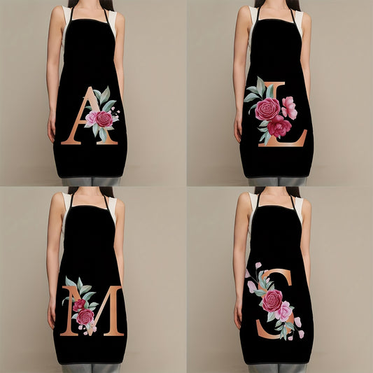 Women's flower and letter printed polyester apron - waterproof, thickened, and cute for household and kitchen use.