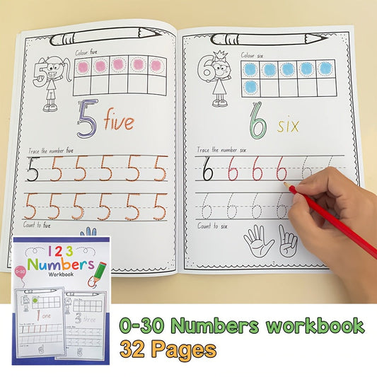 Children's A4 Workbook for Practicing Writing and Coloring Numbers 0-30 with an Emphasis on Developing Grip and Control.