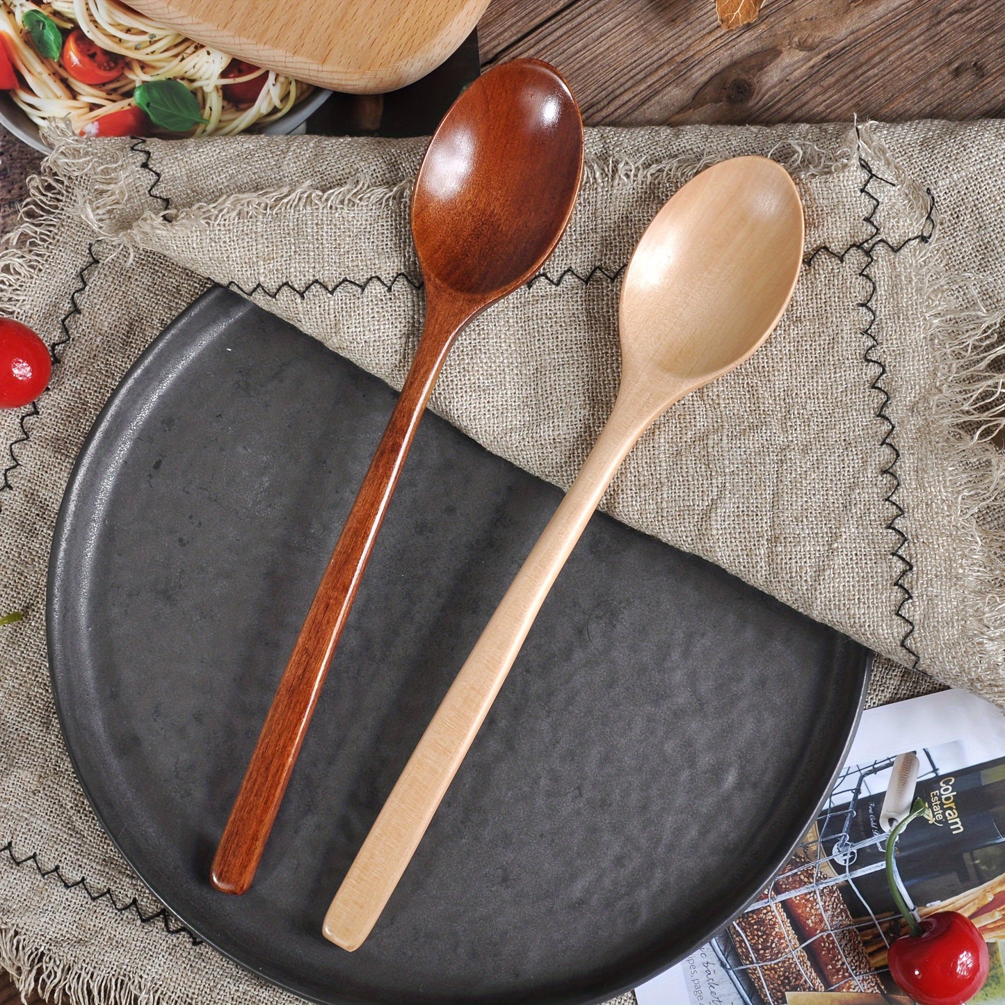 Multi-purpose 23.5cm long-handle wooden spoon ideal for kitchen, restaurant, camping, and picnics.