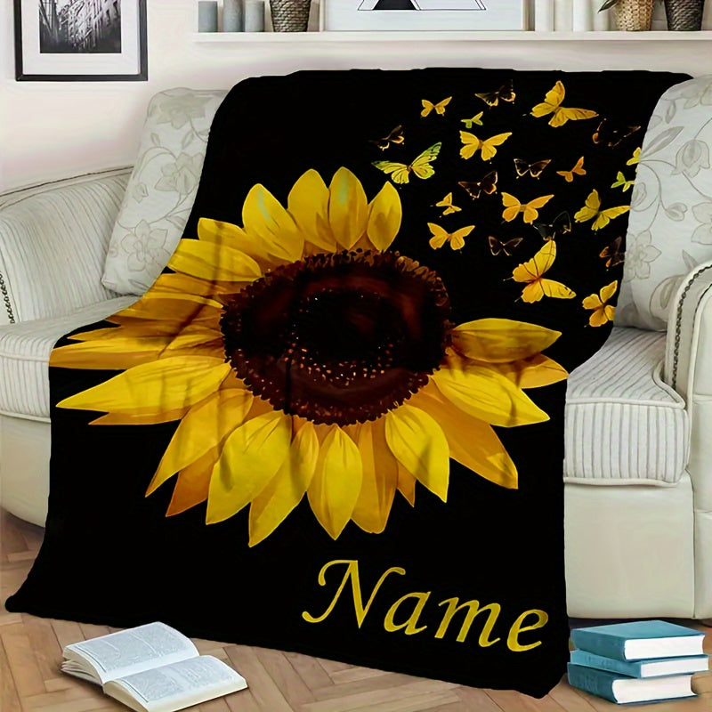 Personalize your space with a custom Sunflower and Butterfly print flannel blanket. This soft and warm blanket features a high-quality digital print that is tear-resistant and machine washable. It is also allergy-proof and suitable for all seasons. Use