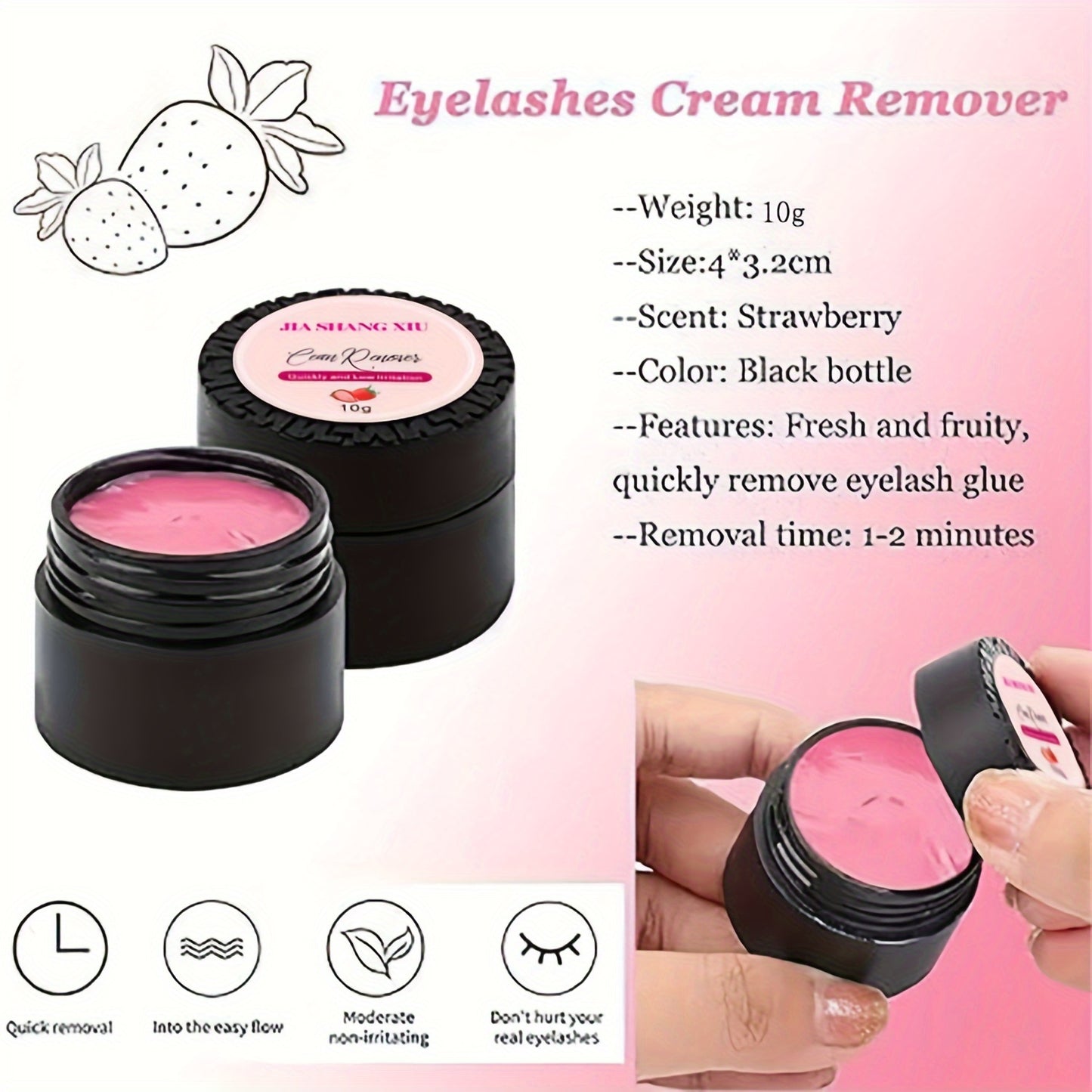 10g of strawberry scented eyelash glue remover with gentle, quick dissolving gel and application brushes for safe removal of eyelash extensions.